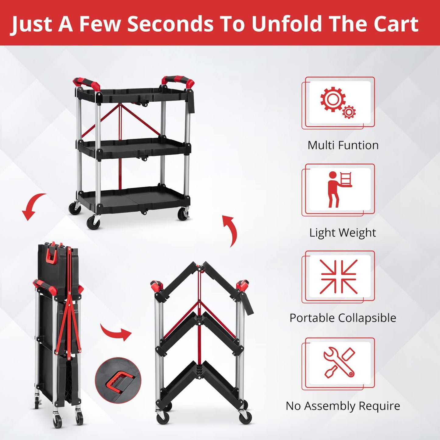 Portable Folding Service Cart,PioneerWorks 3 Tier Collapsible Push Cart,56 lbs Load Capacity/Shelf.Lockable Wheels,Ideal Rolling Tool Storage