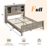 AMERLIFE Farmhouse Full Bed Frame with Storage Headboard & Charging Station, Rustic Wood Platform Bed with Barn Door Bookcase, No Box Spring Needed, Light Grey Bedroom Furniture AMERLIFE