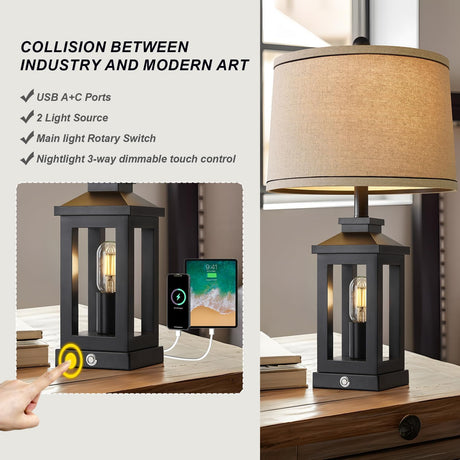 G-SAFAVA 23.75" Retro Farmhouse Black Table Lamp for Living Room Bedroom Nightstand Set of 2 Touch Control Bedside Nightlight Vintage Modern Lamp with USB C+A Ports and 2 Light Sources G-SAFAVA