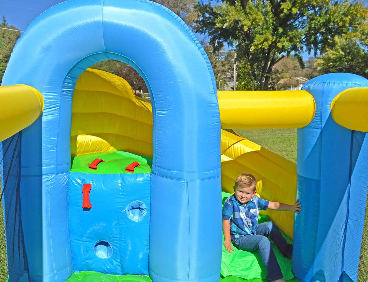 Island Hopper Curved Double Slide Recreational Kids Bounce House with Safe Return Curved Slide and Climbing Wall Island Hopper