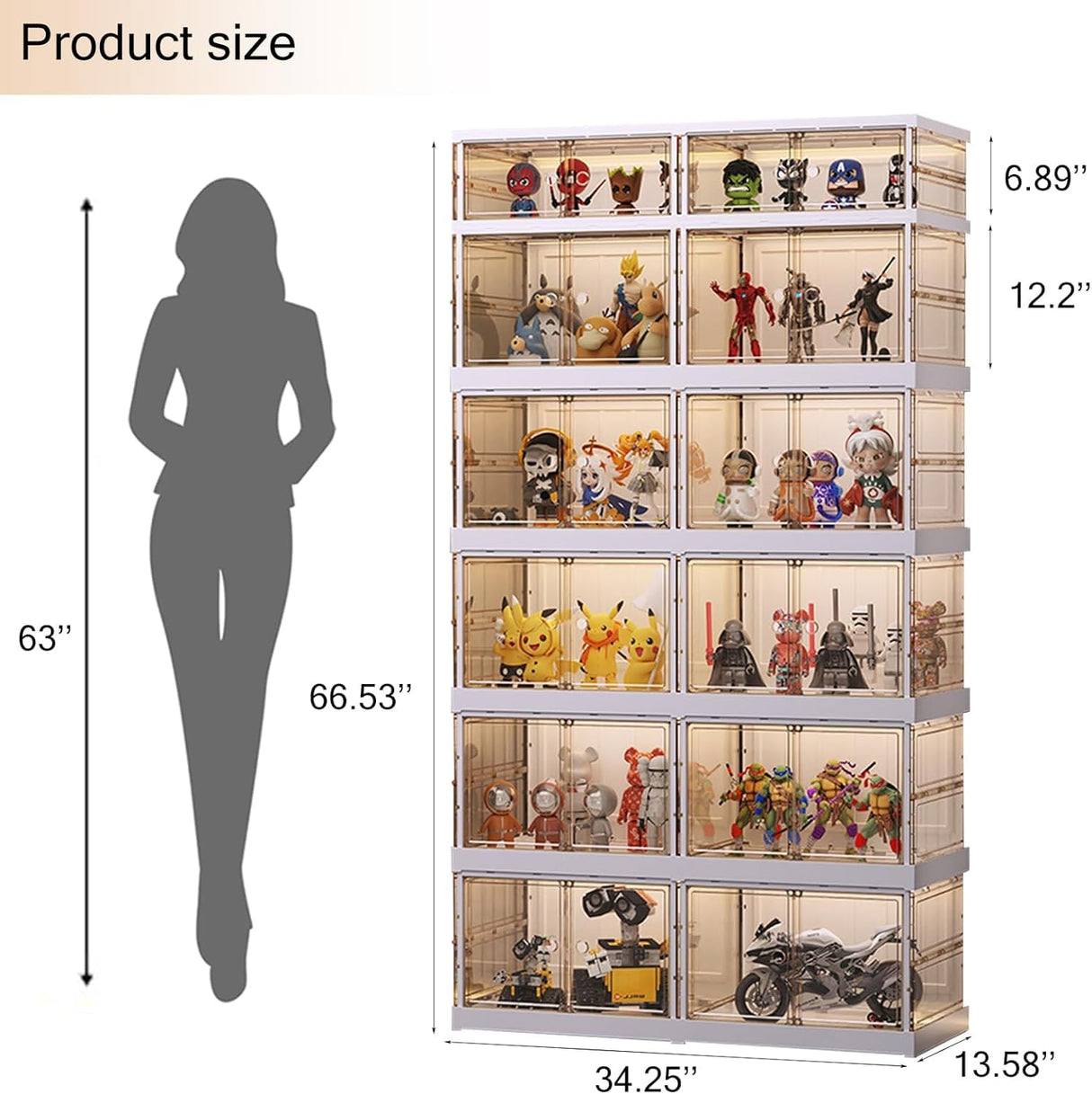 liowdce 6-Tier Curio Cabinet with Door, 67" High Display Cabinet, Foldable Curio Display Cabinet&Display Case for Collectibles, Toys, Books, for Playroom, Bedroom, Study Room liowdce