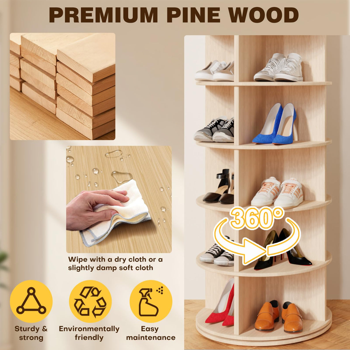 TOCRETOARE Rotating Shoe Rack Tower, 7-Tier Solid Pine Wood Spinning Shoe Display 360° Lazy Susan Shoe Rack, Revolving Shoe Stand, Shoe Rotating Organizer for Closet Shoes and Handbags TOCRETOARE