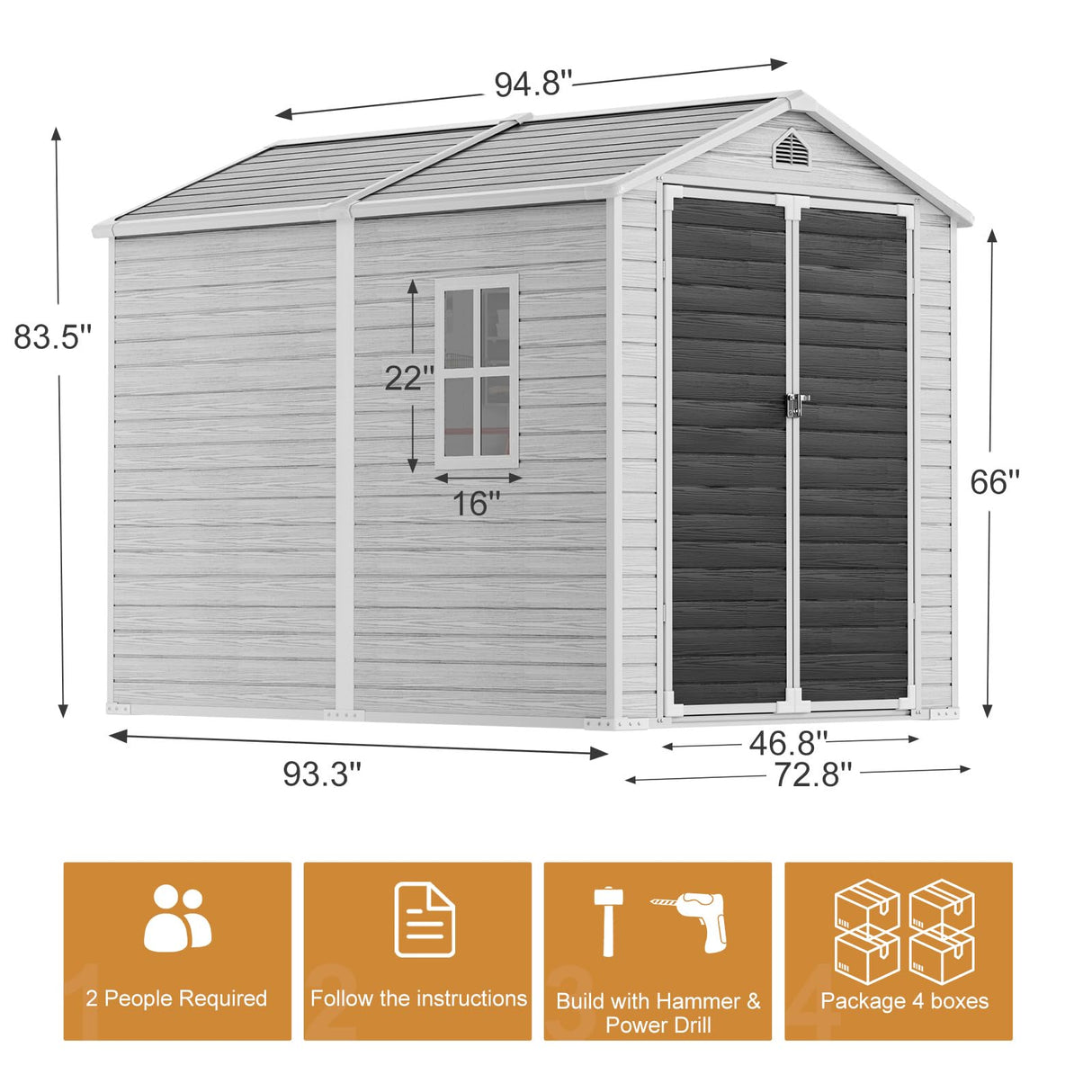 Resin Outdoor Storage Shed with Floor Included 8x6 FT, Large Waterproof Plastic Outside Garden Backyard Patio Lawn Tools Shelter with Window Lockable Door, Gray WELYAS