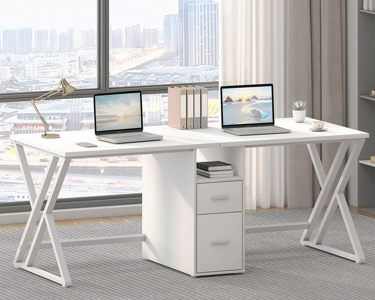 LVB Large 2 Person Desk, Modern White Computer Desk with File Cabinet, Extra Long Workstation Double Desk with Storage Shelf, Industrial PC Writing Study Dual Executive Office Desk with Drawer, 79 in LVB