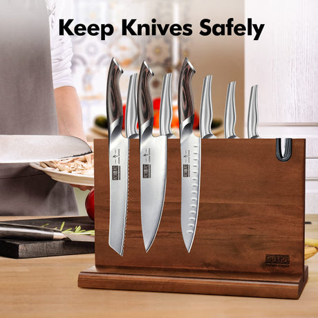 HOSHANHO Magnetic Knife Block 14 x 10 Inches, Double Sided Magnetic Knife Holder Rack for Kitchen Counter, Acacia Wood Magnetic Knife Storage Stand with Knife Sharpener HOSHANHO