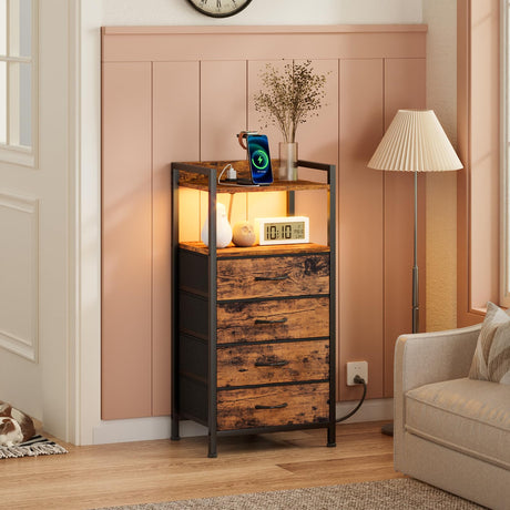 Furnulem 4 Drawer Dresser for Bedroom, Tall Nightstand with Led Light and Charging Station, Small Night Stand Bedside Table, Fabric Bins, Metal Frame, Wood Shelf, Side Furniture(Rustic Brown) Furnulem