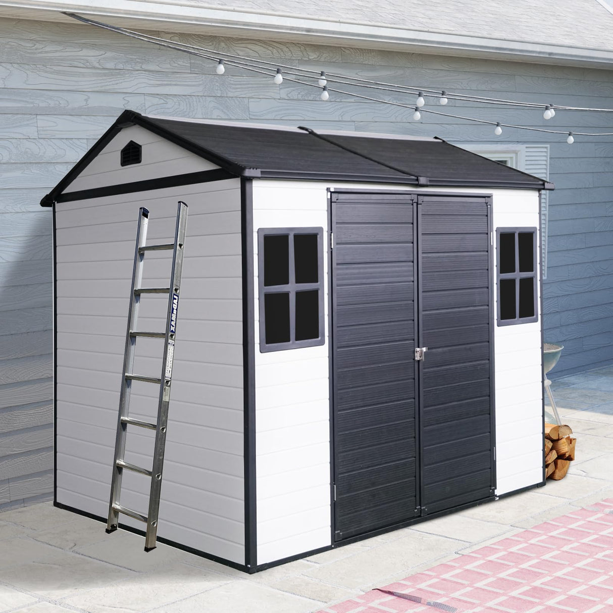 8x6 FT Outdoor Storage Shed, Resin Garden Shed with Thick Floor, Plastic Storage Shed with 2 Windows, Waterproof Outside Tool Shed with Lockable Hinged Doors for Backyard, Patio, Lawn, Black+White BNSPLY