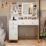 AOGLLATI Makeup Vanity with Lights in 3 Colors, White Vanity Desk with Mirror and Lights, Vanity Table with Charging Station, Makeup Desk with Visible Drawers, Hidden and Open Storage Shelves AOGLLATI