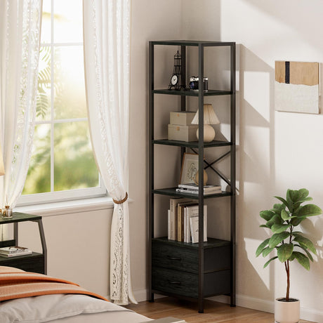 Furnulem 5-Tier Corner Shelf, Narrow Bookshelf with 2 Storage Drawers, 65.16" Tall Bookcase, Standing Shelf Organizer Unit for Living Room, Bedroom, Metal Frame, Wood Display Shelf(Black Oak) Furnulem