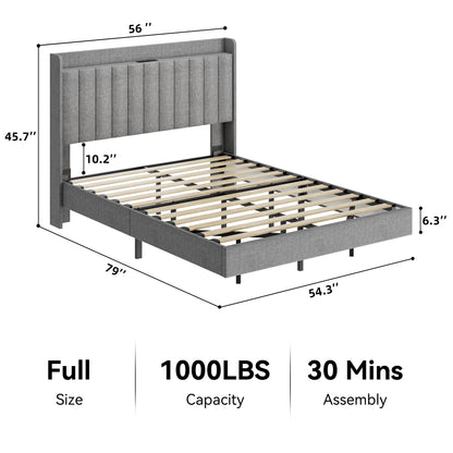 GAOMON Full Size Floating Bed Frame with LED Lighting, Charging Station, and Storage Headboard in Grey - WoodArtSupply