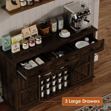 4ever2buy Farmhouse Coffee Bar Cabinet with Sliding Barn Door, Wine Bar Cabinet with Storage, 54 Inch Coffee Bar with 3 Drawers & 15 Racks, Buffet Cabinet for Living Dining Room, Kitchen, Dark Oak 4ever2buy
