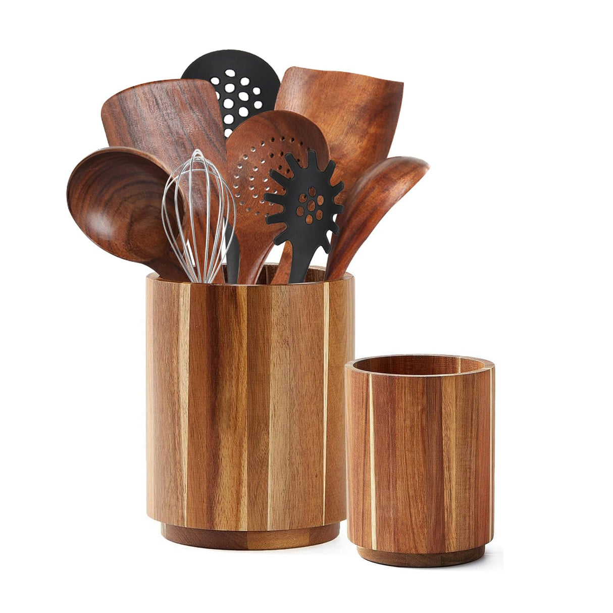 Sameme Acacia Wood Utensil Holder for Kitchen Counter, 360° Rotating 7.3"+5.7" Large Cooking Utensil Holder,Kitchen Utensil Crock for Countertop,Farmhouse Kitchen Decor,Spatula Holder Set of 2 Sameme