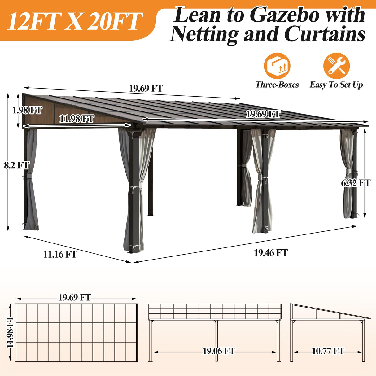 GARTOO 12’ x 20’ Gazebo for Patio - Aluminum Lean to Gazebos Pergola with Sloping Roof, Outdoor Wall-Mounted Canopy Awnings to House for Patio, Garden, Lawn, Backyard Deck GARTOO