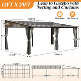 GARTOO 12’ x 20’ Gazebo for Patio - Aluminum Lean to Gazebos Pergola with Sloping Roof, Outdoor Wall-Mounted Canopy Awnings to House for Patio, Garden, Lawn, Backyard Deck GARTOO