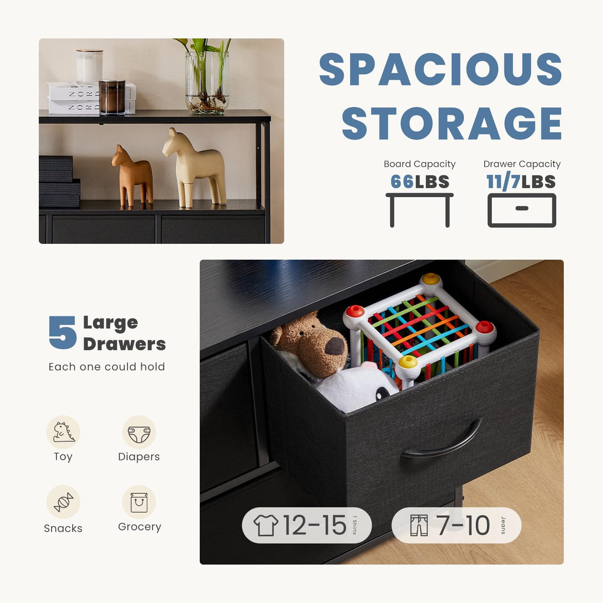 DUMOS TV Stand Dresser for Bedroom Entertainment Center with 5 Fabric Drawers Storage Organizers Units, Media Console Table with Open Shelf up for 45" Television for Living Room, Dorm, Classic Black DUMOS