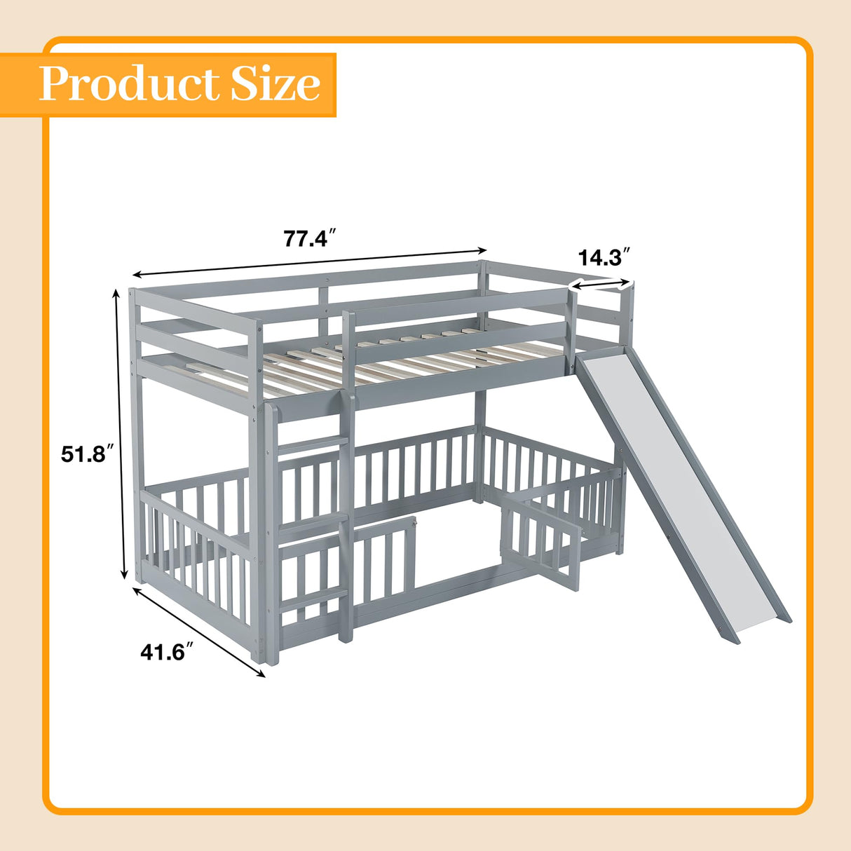 OYUMOENTS Twin Over Twin Bunk Bed with Slide, Low Bunk Bed Frame with Detachable Rails, Convertible Kids Bed with Slide and Ladder for Kids Boys Girls, Gray OYUMOENTS