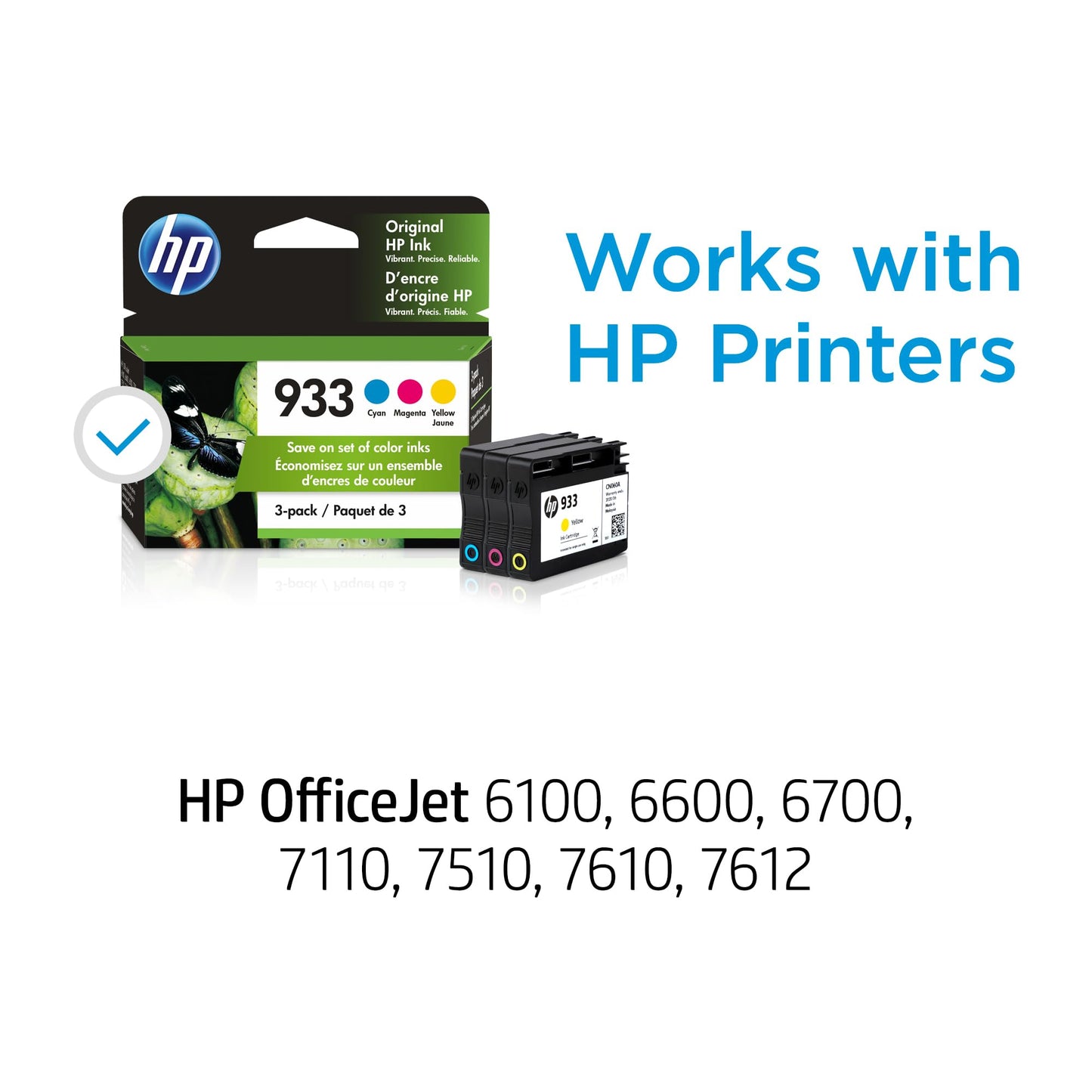 HP 933 Cyan, Magenta, Yellow Ink Cartridges| Works with HP OfficeJet 6100, 6600, 6700, 7110, 7510, 7610 Series | N9H56FN, Combo 3-Pack