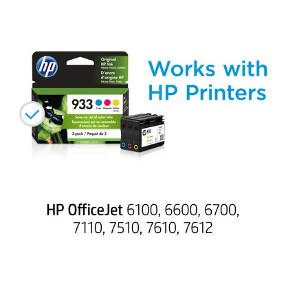 HP 933 Cyan, Magenta, Yellow Ink Cartridges| Works with HP OfficeJet 6100, 6600, 6700, 7110, 7510, 7610 Series | N9H56FN, Combo 3-Pack