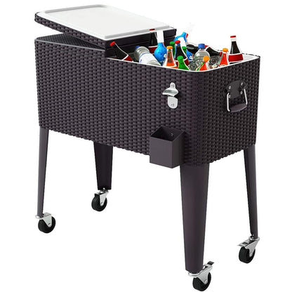 Giantex 80 Quart Rattan Rolling Cooler Cart Outdoor Patio Portable Party Drink Beverage Bar Cold Beach Chest Cart on Wheels, Brown Wicker, 32.7''(L) X18.9''(W) X43.3''(H) - WoodArtSupply