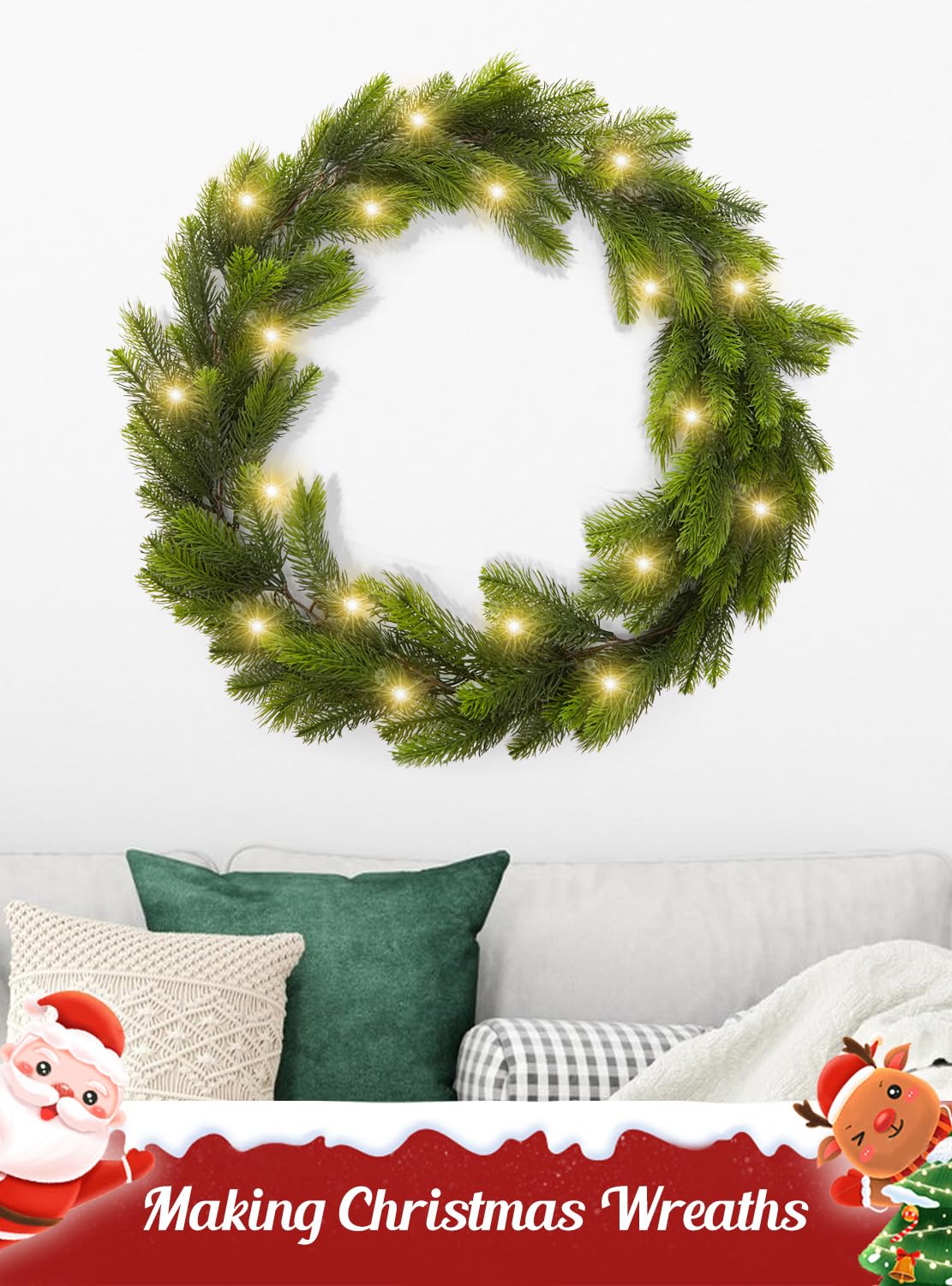9FT Real Touch Norfolk Pine Garland Christmas with Light Winter Artificial Faux Greenery Garland Table Mantle Stairs Fireplace Wall Decor Outdoor Indoor Porch Home Decorations (Battery Not Included) Noiclub