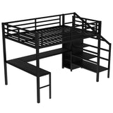 JIJIWANG Queen Size Loft Bed with L-Shaped Desk and USB, Metal Loft Bed with Wardrobe and Adjustable Shelf, with LED for Kids Teens Adults, Black JIJIWANG