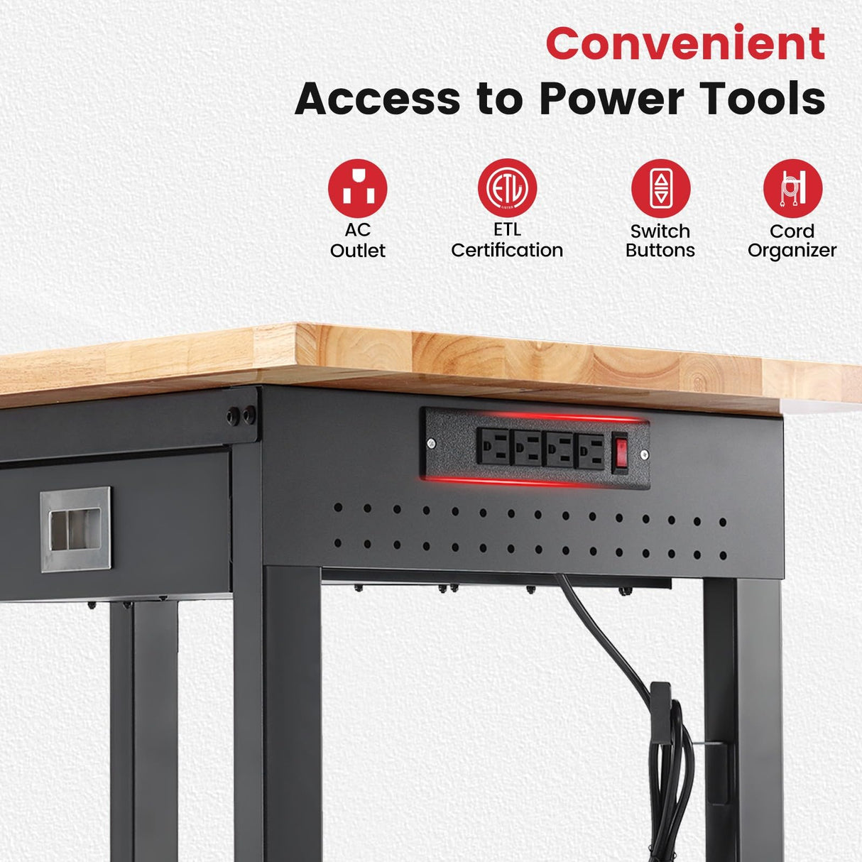 ENJOYWOOD Workbench for Garage with Drawers 48 x 24 Inch Rubberwood Tabletop Work Table with Pegboard, Power Outlets Adjustable Height Work Bench for Woodworking Shop, Home, Office ENJOYWOOD