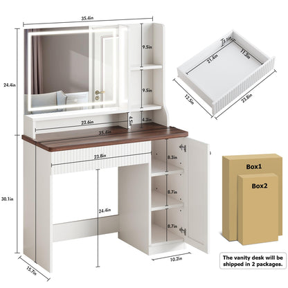 Vanity Desk with Mirror and Light, Makeup Vanity Table Dresser, Bedroom Dressing Table with LED Lighted Mirror Brown White