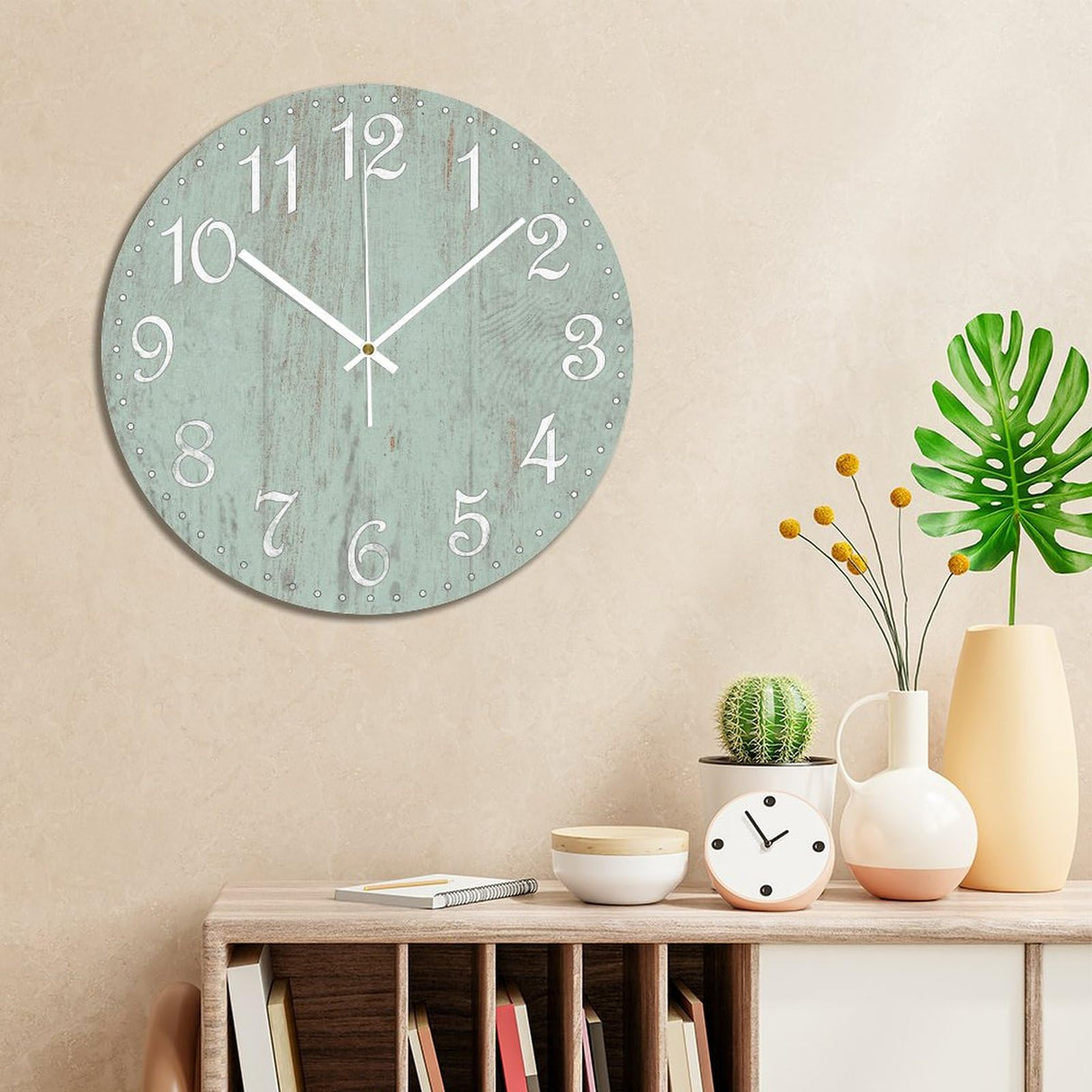 COCOKEN Wall Clock Silent Non Ticking Wooden Clocks Seafoam Green Clock Battery Operated 15in, Round Farmhouse Clock, Rustic Clocks Decor for Home Kitchen Office COCOKEN