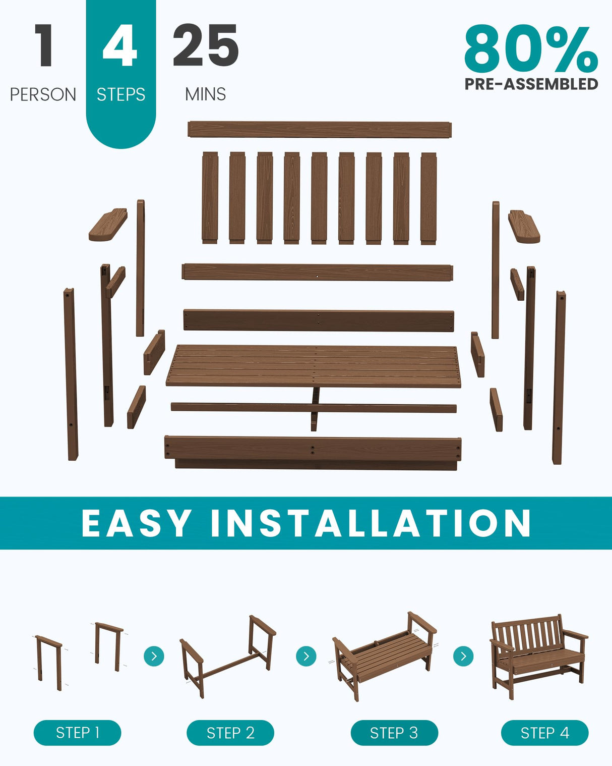 SERWALL Outdoor Bench, HDPE Outdoor Benches Weatherproof, 2-Person Garden Bench with 660 lbs Weight Capacity, Patio Benches for Outdoors, Garden, Porch, Backyard and Park, Brown SERWALL