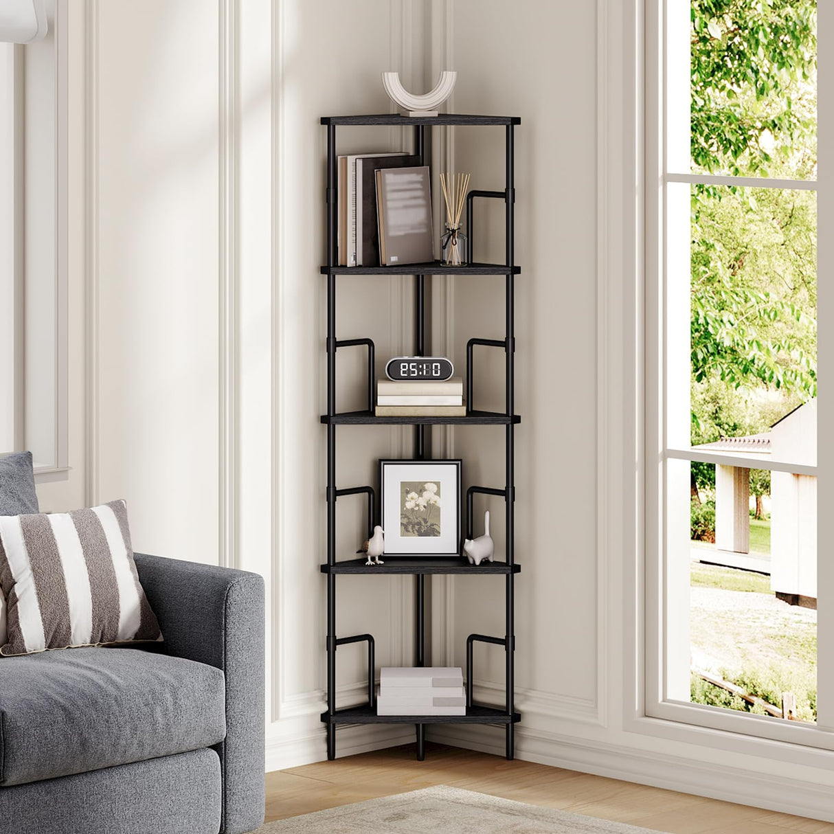 MAHANCRIS 52.8" Corner Shelf, 5-Tier Industrial Corner Bookshelf with Metal Frame, Small Plant Stand, Display Shelf for Living Room, Bedroom, Home Office, Small Spaces, Black CSBK5501 MAHANCRIS