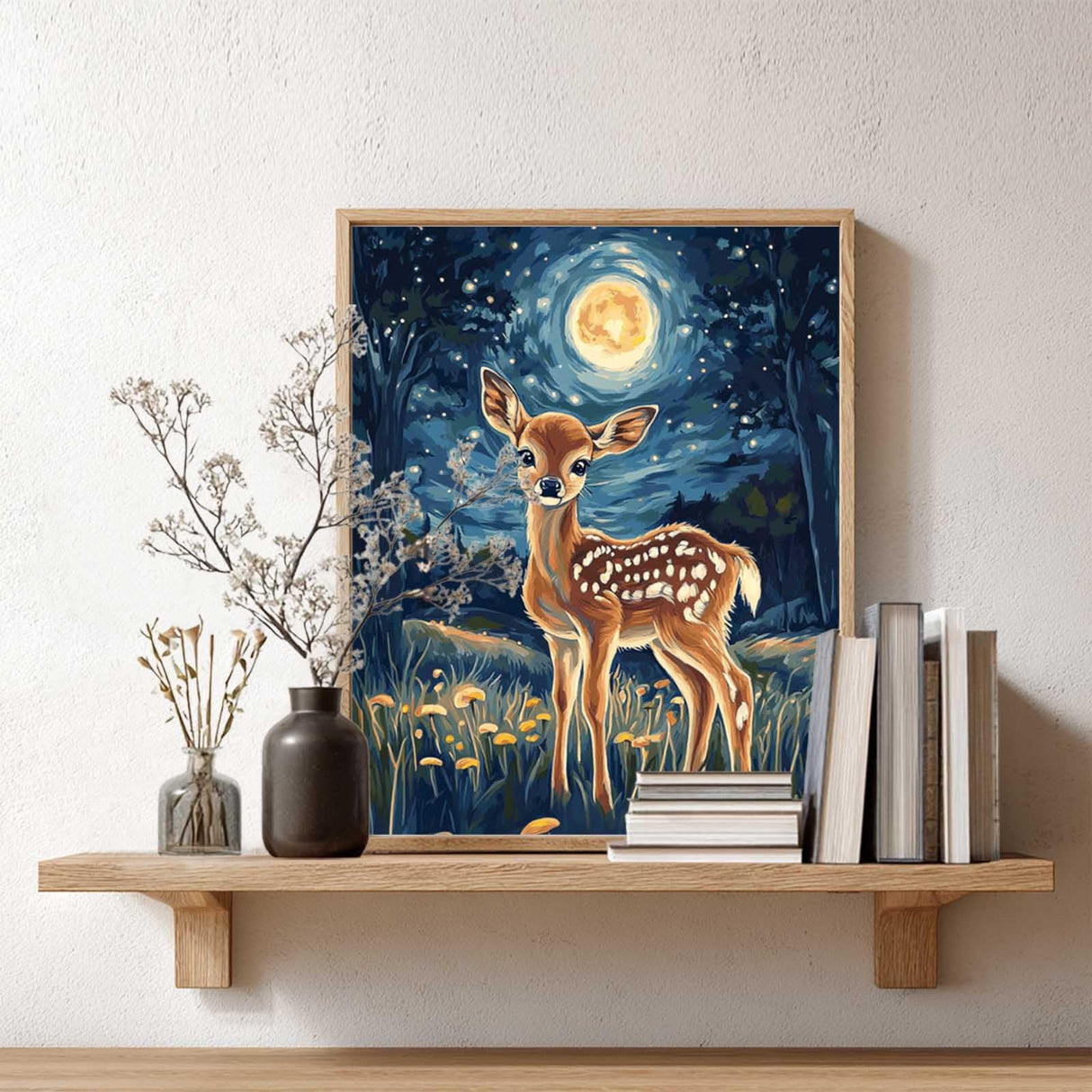 Deer Paint by Number for Adults, Forest Starry Night Landscape Paint by Numbers Kits, Cute Fawn Canvas Acrylic Painting, Wildlife Animal Poster Home Wall Decor(16x20inch) zouewit