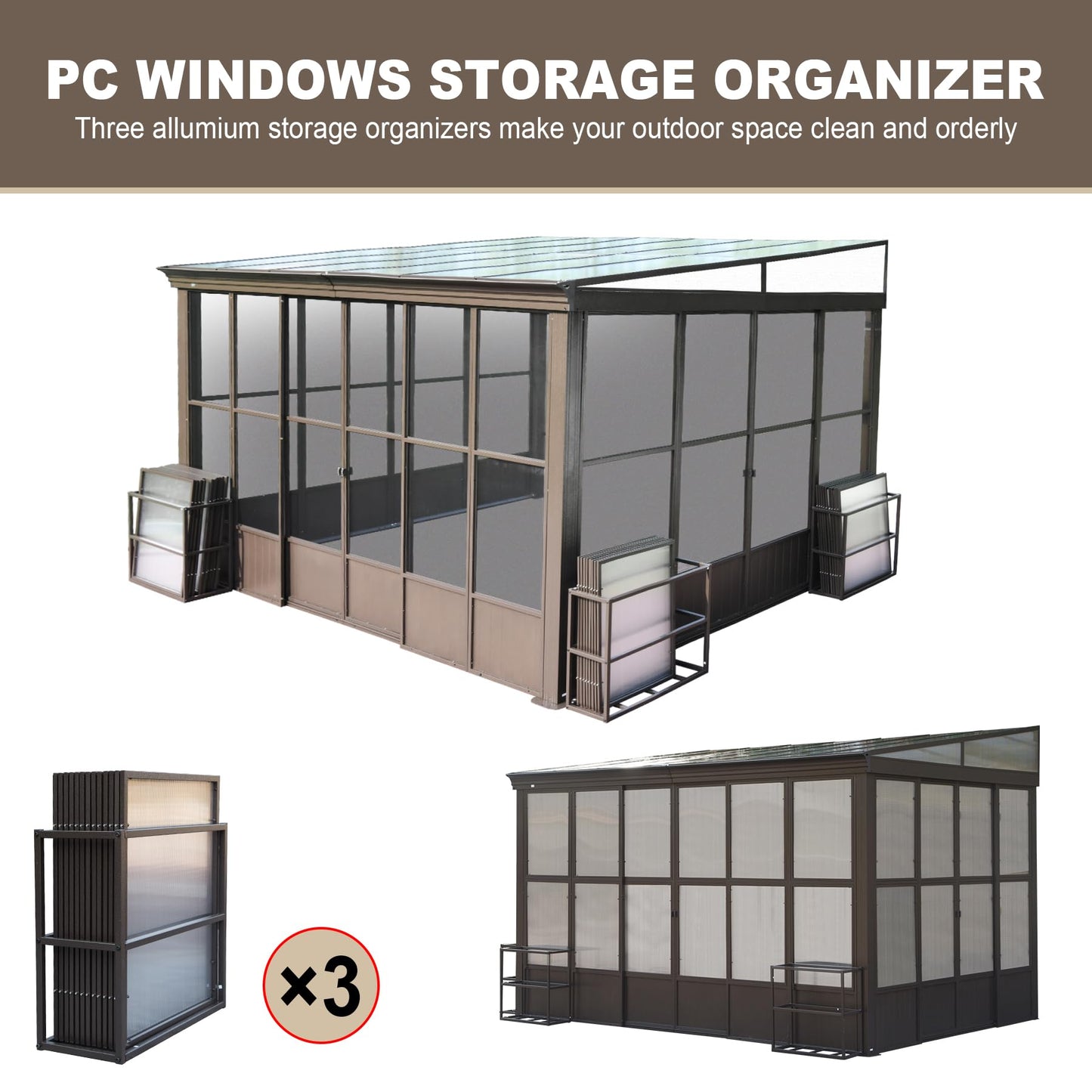 Domi Lean-to Sunroom 10x12FT, Wall Mounted Solarium with Sloping Polycarbonate Roof, Detachable Polycarbonate Screens, 2 Lockable Sliding Doors, Aluminum Gazebo Against Wall Sun Room for Pati - WoodArtSupply