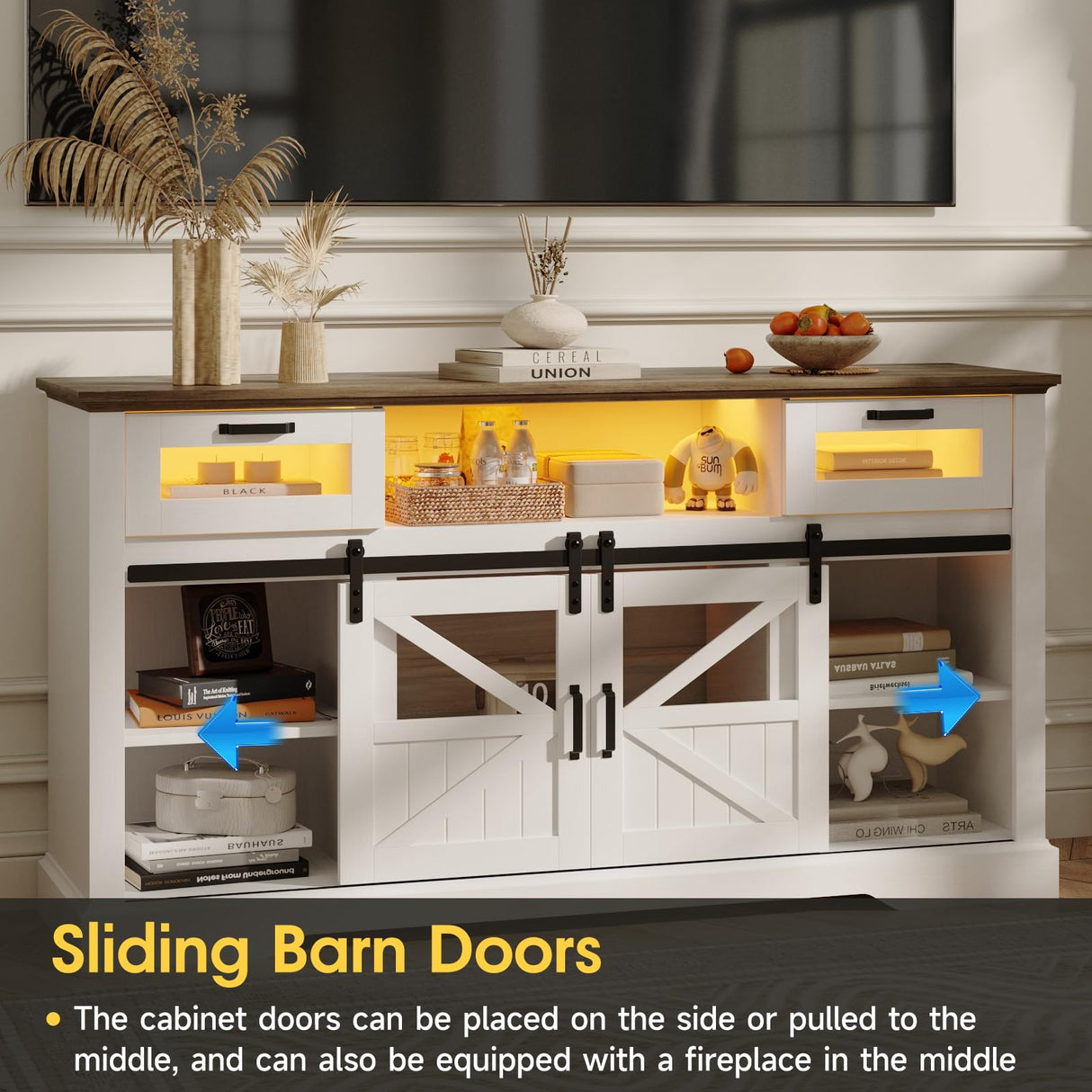 Fameill TV Stand for Televisions up to 65 Inch with Sliding Barn Doors, Glass Media Entertainment Center Storage Cabinet, Adjustable Led Light Farmhouse Console Table, Mid Century Modern White Fameill