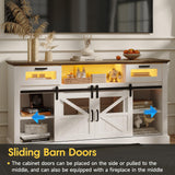 Fameill TV Stand for Televisions up to 65 Inch with Sliding Barn Doors, Glass Media Entertainment Center Storage Cabinet, Adjustable Led Light Farmhouse Console Table, Mid Century Modern White Fameill