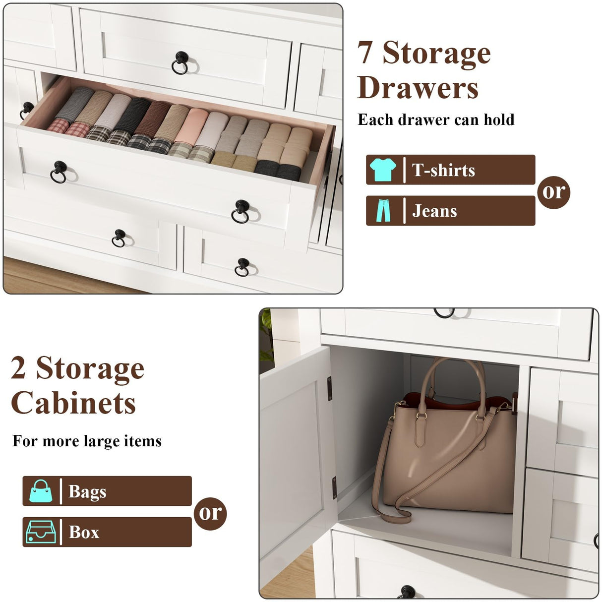 Gyfimoie Farmhouse 7 Drawer Dresser for Bedroom, 52 Inch White Chest of Drawer Dresser with Doors, Storage Dressers Organizer Cabinet for Bedroom, Living Room and Hallway Gyfimoie