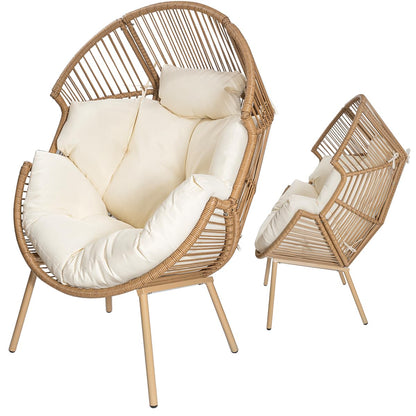 Barton 2-Pieces Stationary Wicker Egg Chair Oversized Egg Seat 350lbs Teardrop Cuddle Cocoon Chair Egg Basket Lounge Chair with Ottoman Indoor/Outdoor, Beige