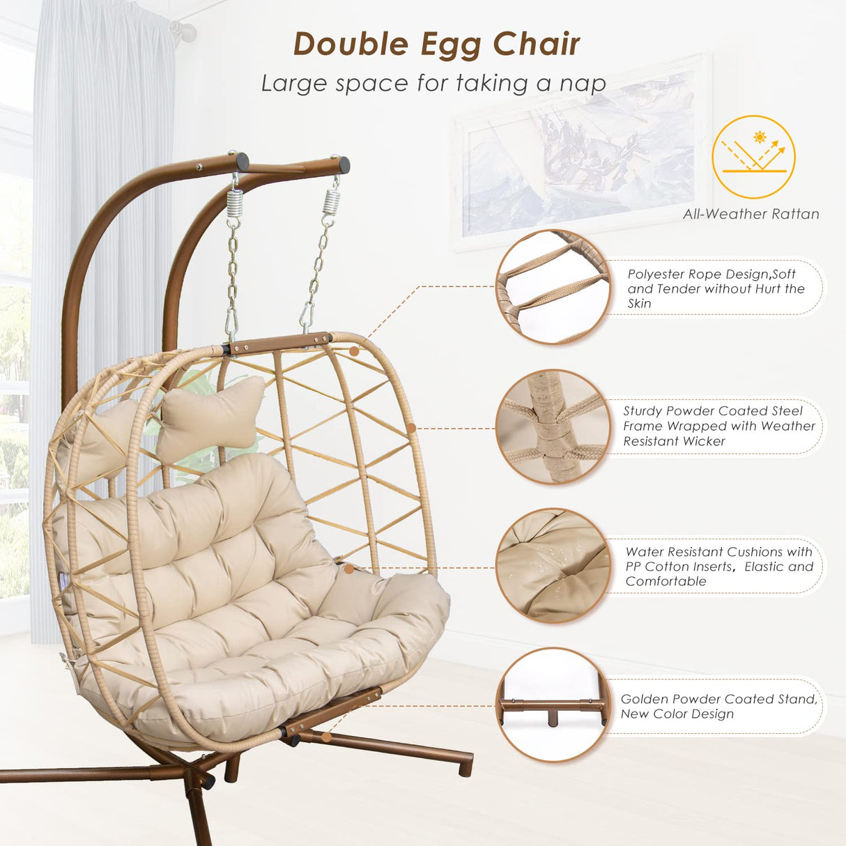 NICESOUL Double Egg Chair Outdoor Indoor, Oversized 2 Person Swing with Stand, All-Weather Large Wicker Hanging Loveseat, 700 LBS Heavy Duty Patio Swinging Seat w/Cushion for Balcony, Beige NICESOUL