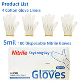 FayLongSky Disposable BBQ Gloves, 100 Count Nitrile Gloves & 4 Cotton Glove Liners, Powder-Free Latex-Free (Large) FayLongSky