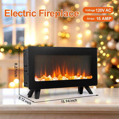 16" Small Electric Fireplace Heater - Desk Space Heater with Realistic Led 3D Flames, Freestanding Fire Places Electric Fireplace Stove, Infrared Heater Indoor, 750 | 1500w, Overheating Protection