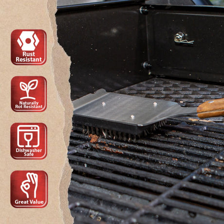 BBQ-Aid Grill Brush and Scraper for Barbecue – Grill Brush for Outdoor Grill with Extended, Large Wooden Handle and Replaceable Stainless Steel Bristles Head –No Scratch- BBQ Grill Brush for Any Grill BBQ-Aid