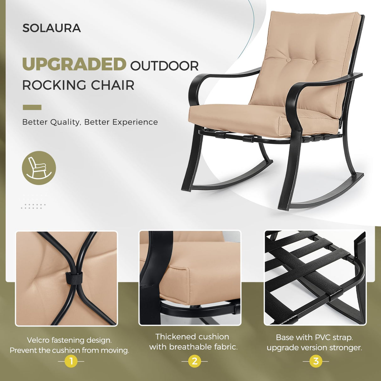 SOLAURA 3-Piece Outdoor Rocking Chairs Bistro Set, Black Iron Patio Furniture with Brown Thickened Cushion & Glass-Top Coffee Table SOLAURA