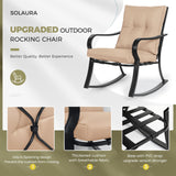 SOLAURA 3-Piece Outdoor Rocking Chairs Bistro Set, Black Iron Patio Furniture with Brown Thickened Cushion & Glass-Top Coffee Table SOLAURA