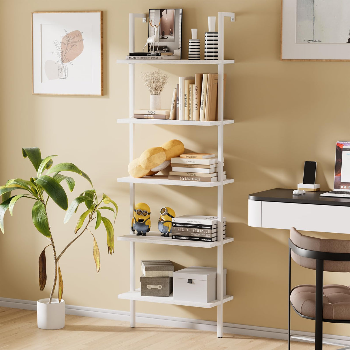 aboxoo Ladder Shelf White Wooden Bookshelf 5-Tier Wall-Mounted Open Wood Rack Industrial Modern Plant Flower Stand Utility Organizer Bookcase Metal Frame Furniture Office Kitchen Bedroom aboxoo