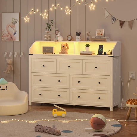 Wodeer Dresser for Bedroom with Power Strip & LED Light,7-Drawer Dresser & Chest of Drawers with Deep Drawers, Wood Double Dresser Storage Cabinet for Bedroom,Living Room, Hallway,White Wodeer