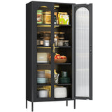 VASAAOSD 71" Kitchen Pantry Storage Cabinet, Display Cabinet with Glass Doors and Lights, Tall Storage Cabinet with Adjustable Shelves, Kitchen Pantry Cabinet for Dining Room, Living Room, Black VASAAOSD