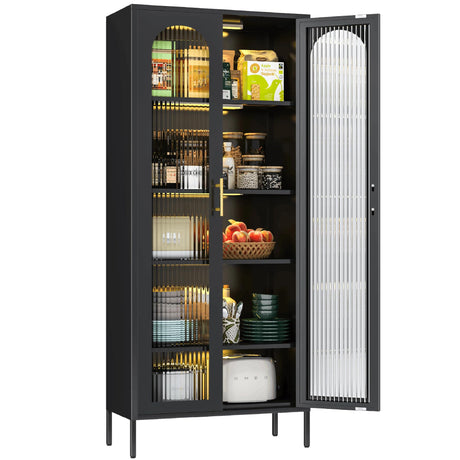 VASAAOSD 71" Kitchen Pantry Storage Cabinet, Display Cabinet with Glass Doors and Lights, Tall Storage Cabinet with Adjustable Shelves, Kitchen Pantry Cabinet for Dining Room, Living Room, Black VASAAOSD