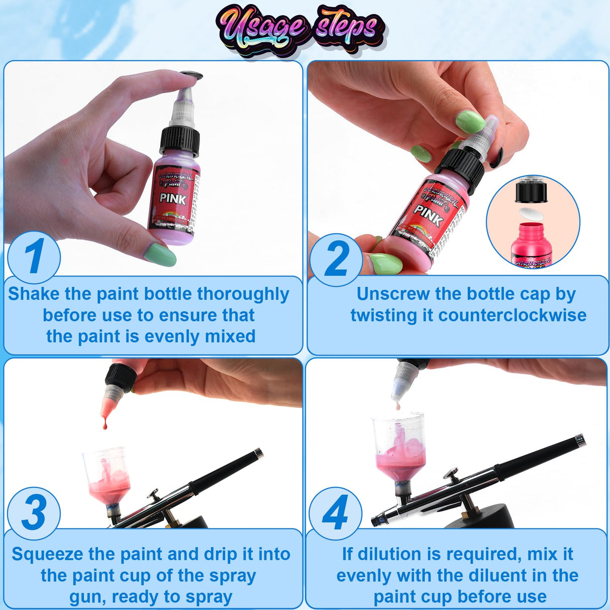 Airbrush Paint Set, 45 Brilliant Colors Air Brush Painting Set with 3 Paint Thinners, Water-Based Acrylic Air Brush Paint for Plastic Models, Metal, Canvas, Wood - 48 Bottles x 0.7 fl oz(20 ml) Muloen