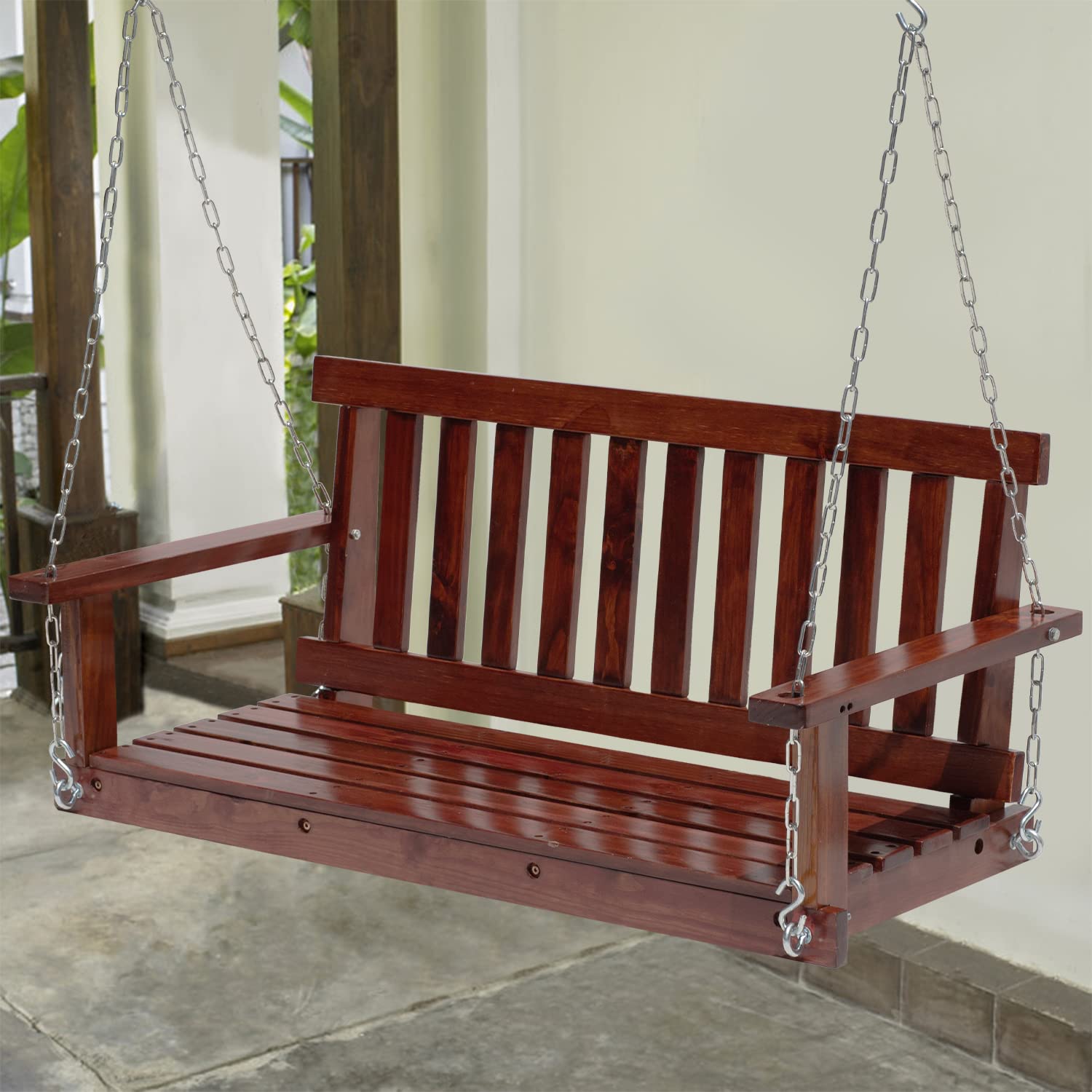 Outdoor Wooden Porch Swings 4Ft/48in Outdoor Swings Heavy Duty 800lb Weight Capacity Swing Bench for Adults with Hanging Chains and Fixing Screw for Garden and Backyard,Brown - WoodArtSupply