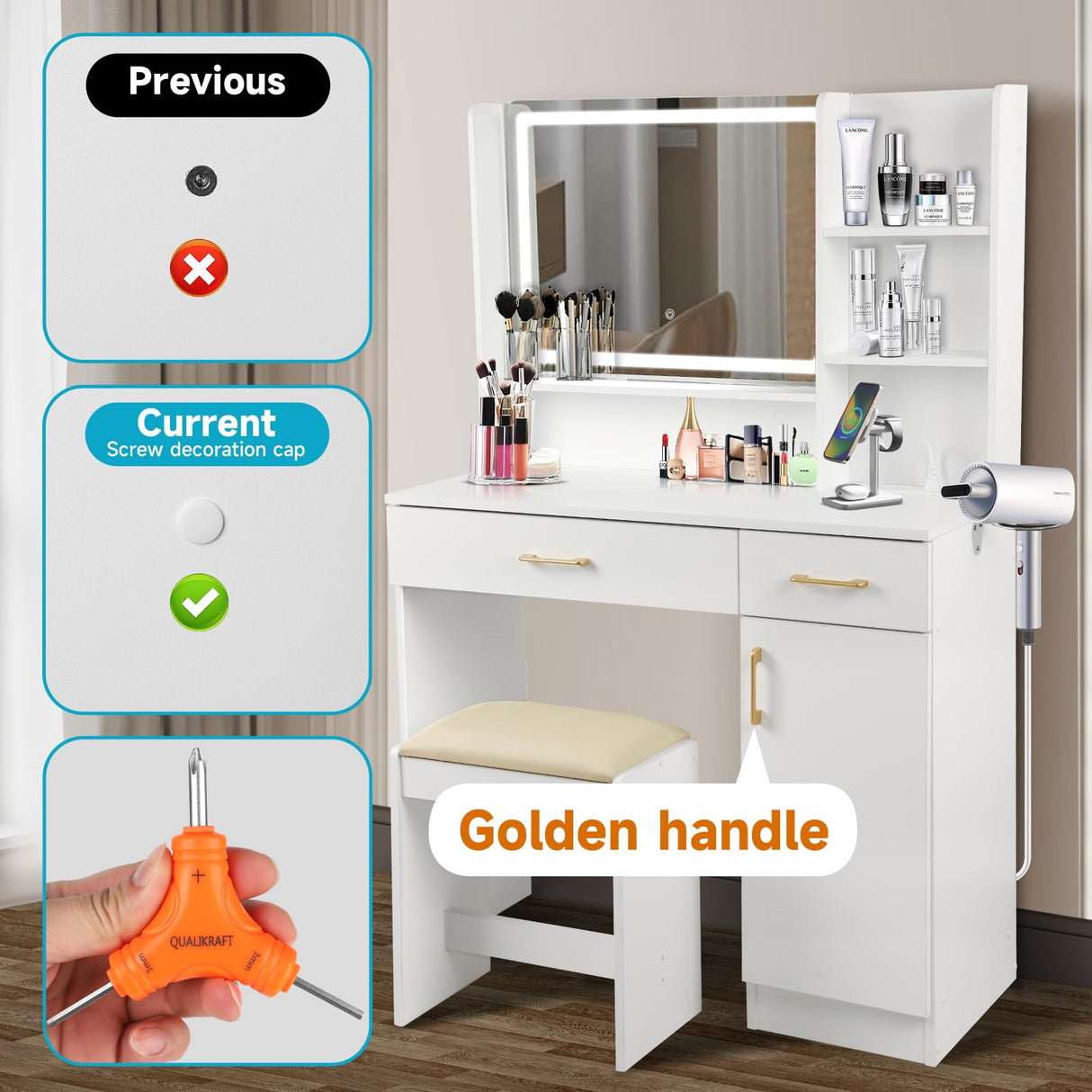 QUALIKRAFT Vanity Set, Vanity Desk with Mirror and Lights, Vanity Desk with Drawers, Vanity with Charging Station, Vanity with Chair, Vanity with Storage, White Vanity, Makeup Vanity，Bedroom Vanity QUALIKRAFT