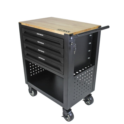 Tool Cabinet, 4 Drawers Rolling Tool Chest with Wheels, Multi-Functional Tool Cart with Wooden Top Workbench Tool Organizer with Locked Drawers Tool Cabinet for Garage Workshop Tool Organizer